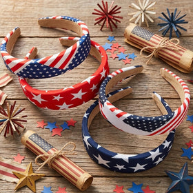 Woman wearing Huachi patriotic headband at a summer BBQ