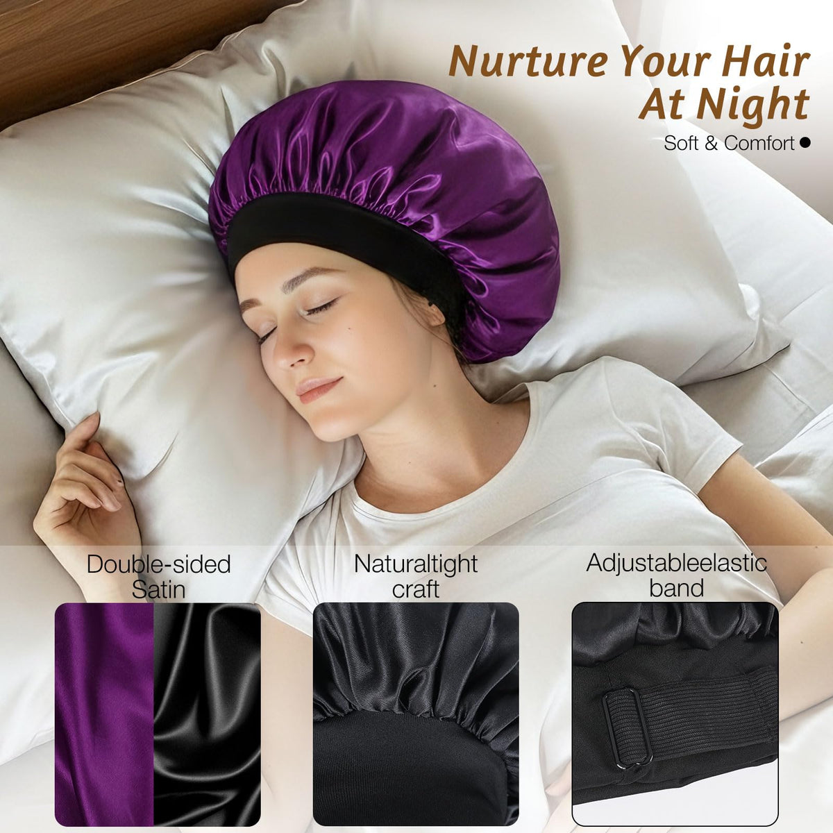 Woman wearing XRACEPHOL satin bonnet while applying makeup