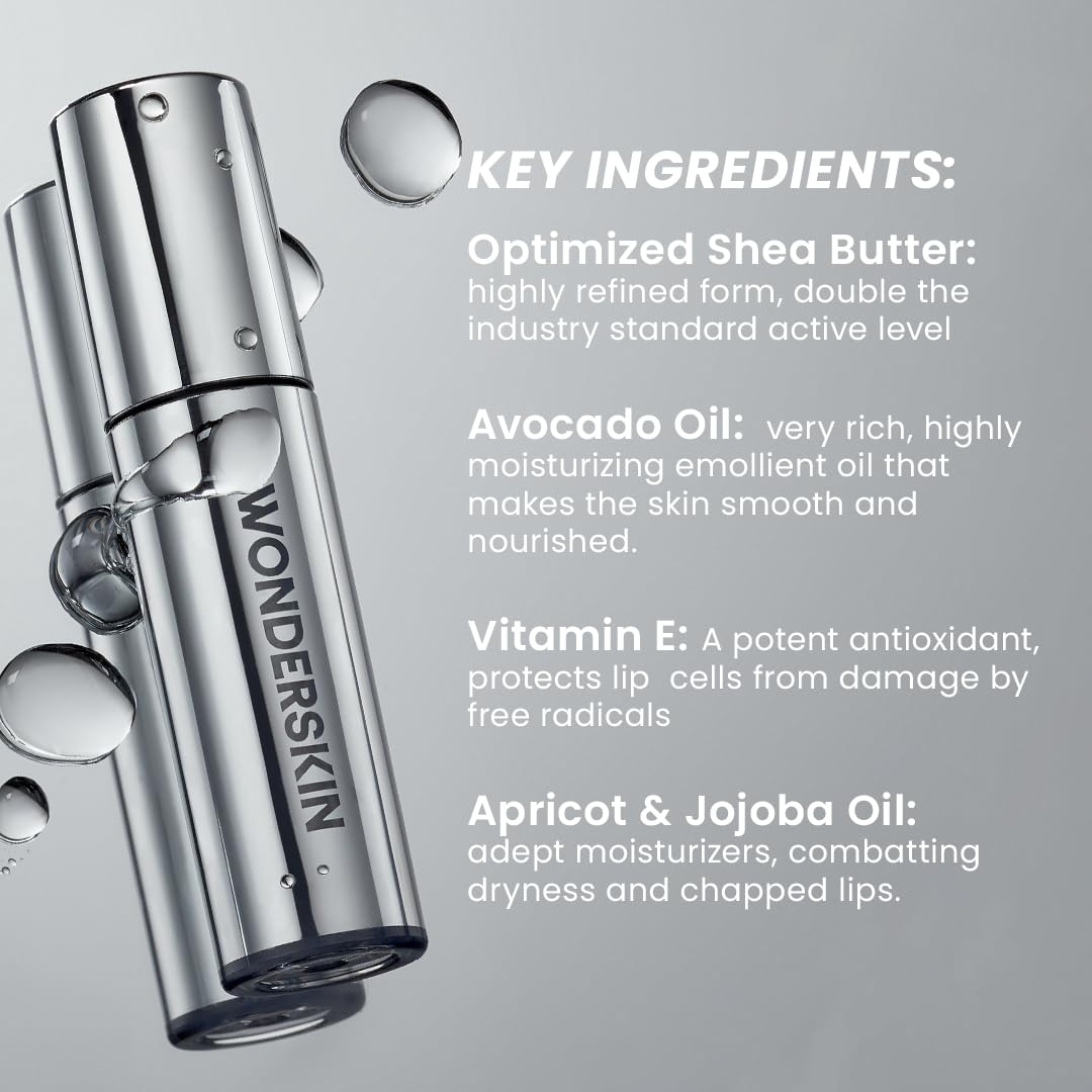 Wonderskin Lip Oil Rehab Serum displayed with natural ingredients