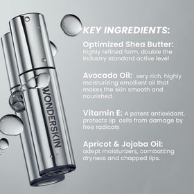 Wonderskin Lip Oil Rehab Serum displayed with natural ingredients