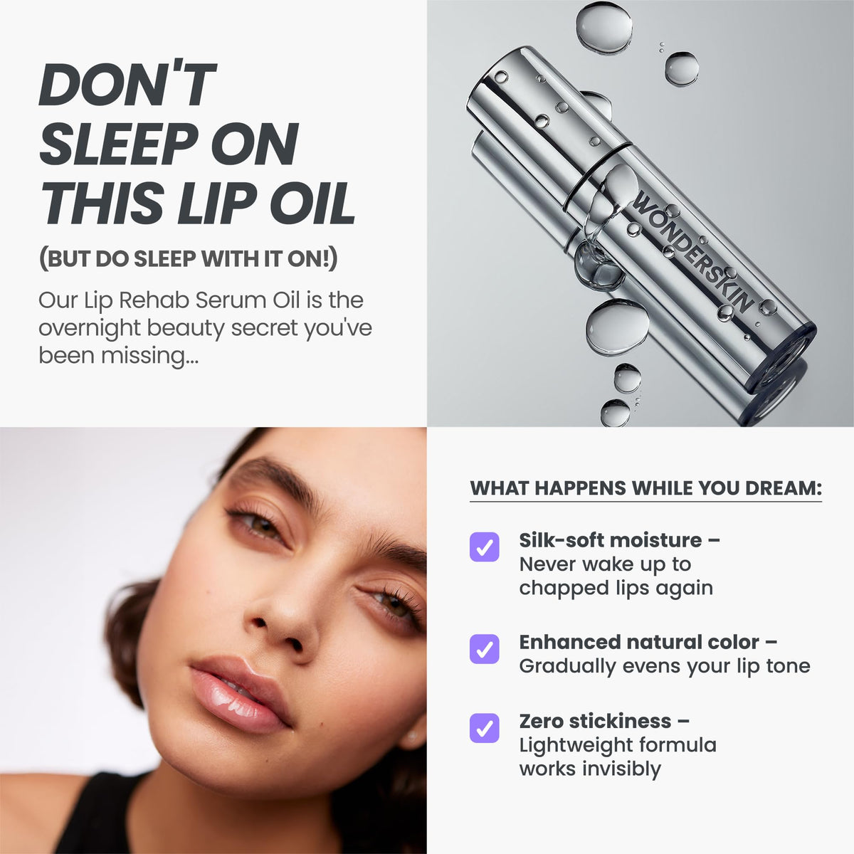 Wonderskin Lip Oil Rehab Serum on a wooden surface