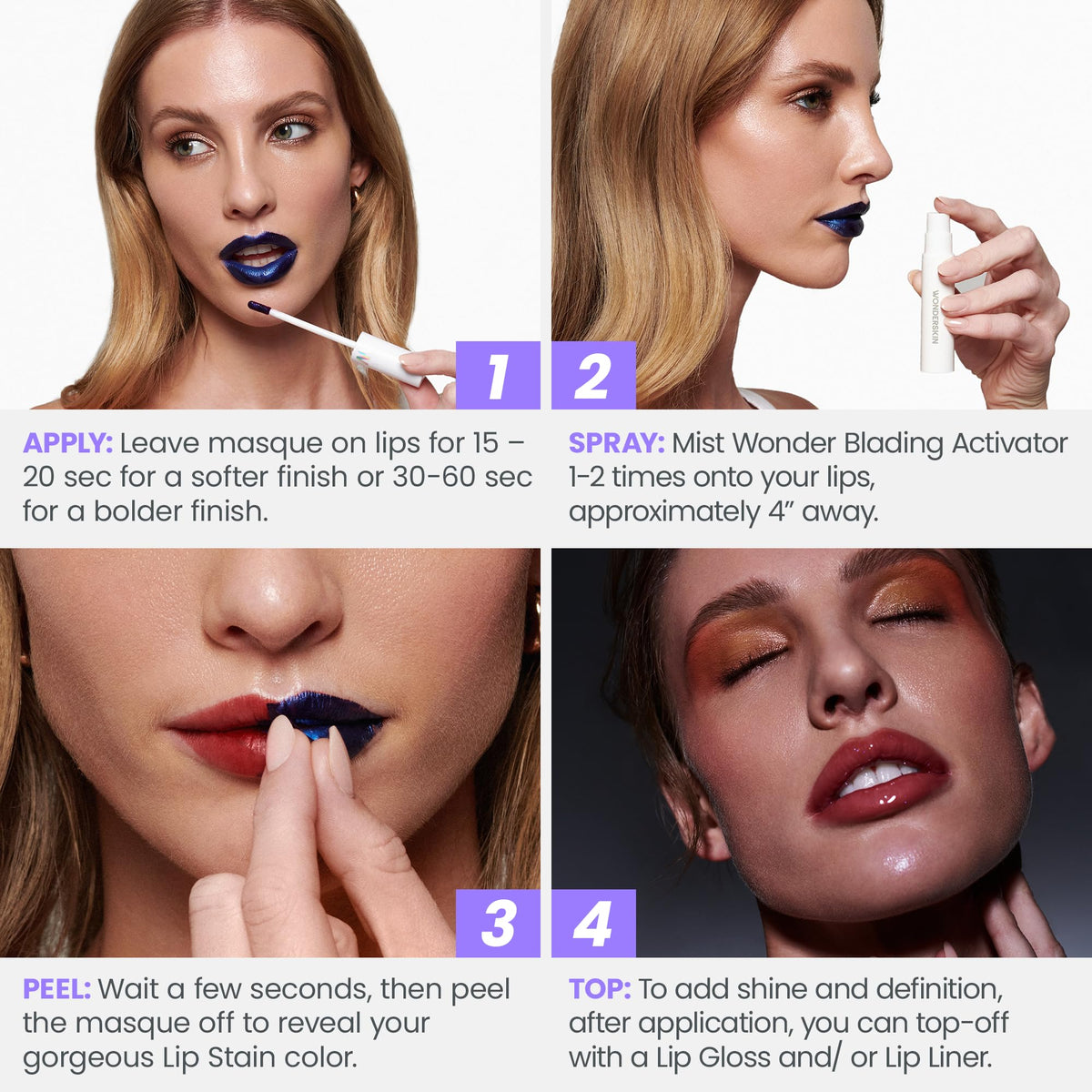 Wonderskin Lip Stain swatches on skin