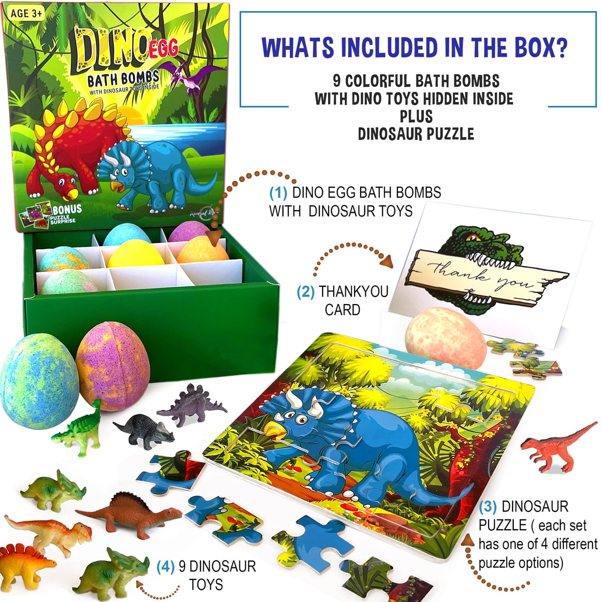 Wooden jigsaw dinosaur puzzle included with bath bombs