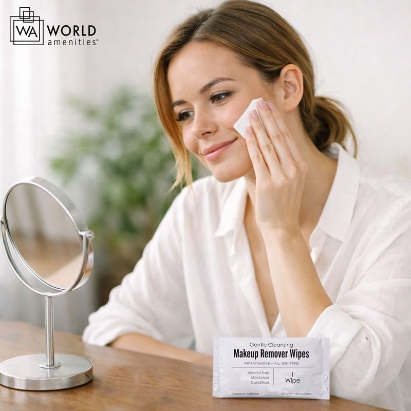 World Amenities Makeup Remover Wipes on a bathroom counter
