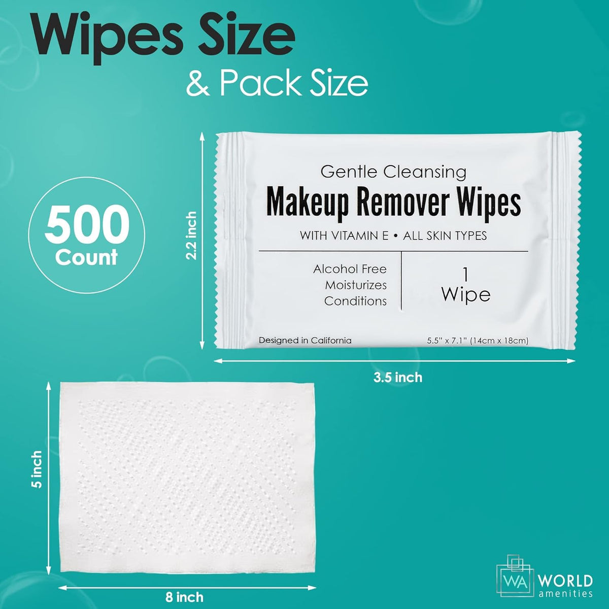 World Amenities Makeup Remover Wipes stacked for display