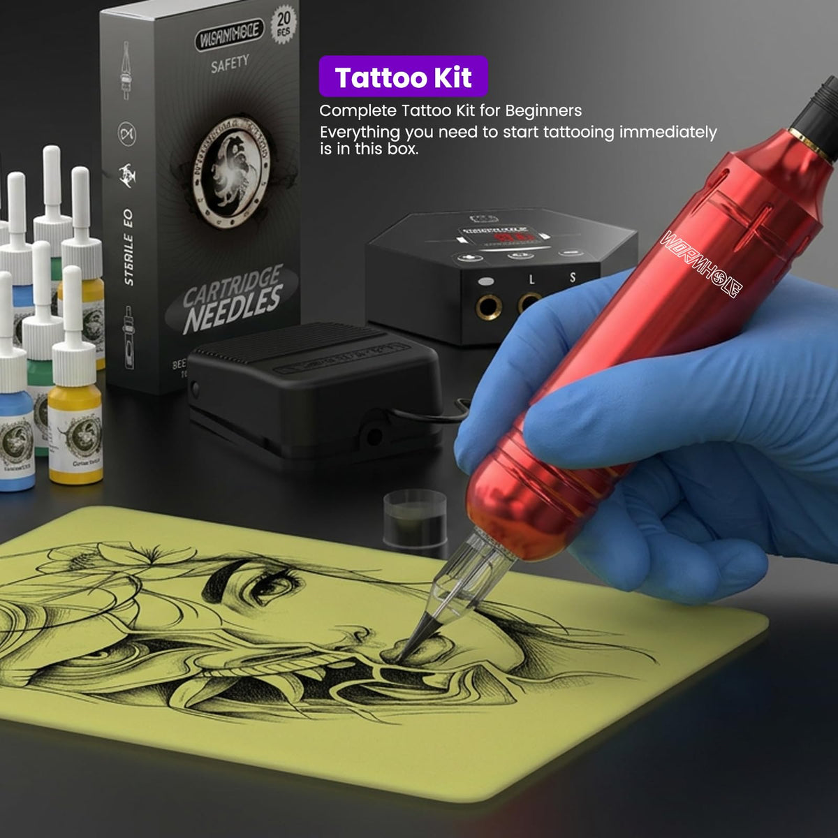 Wormhole Tattoo Kit user demonstrating practice on skin