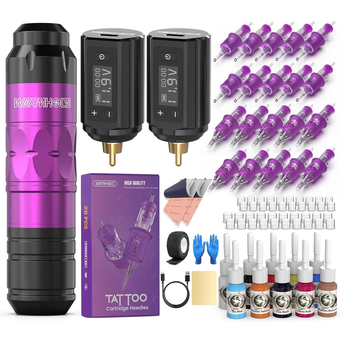 Wormhole Tattoo Wireless Gun Kit front view with accessories