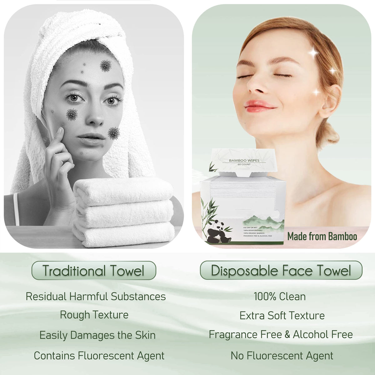 WOWOTEX Bamboo Rayon Disposable Face Towels in use for makeup removal