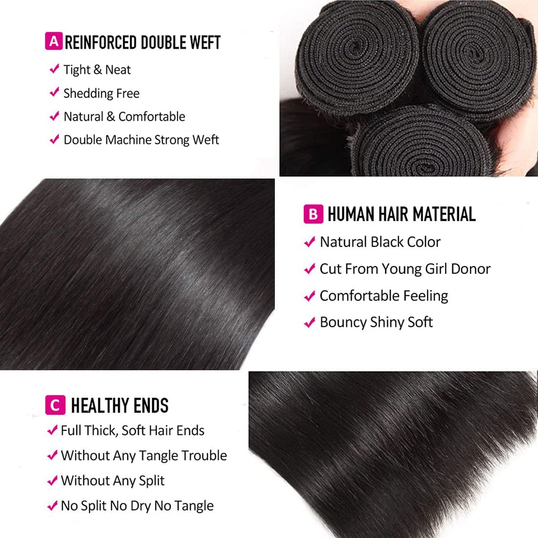 WOWQUEEN 10A Brazilian Straight Hair Bundles texture detail