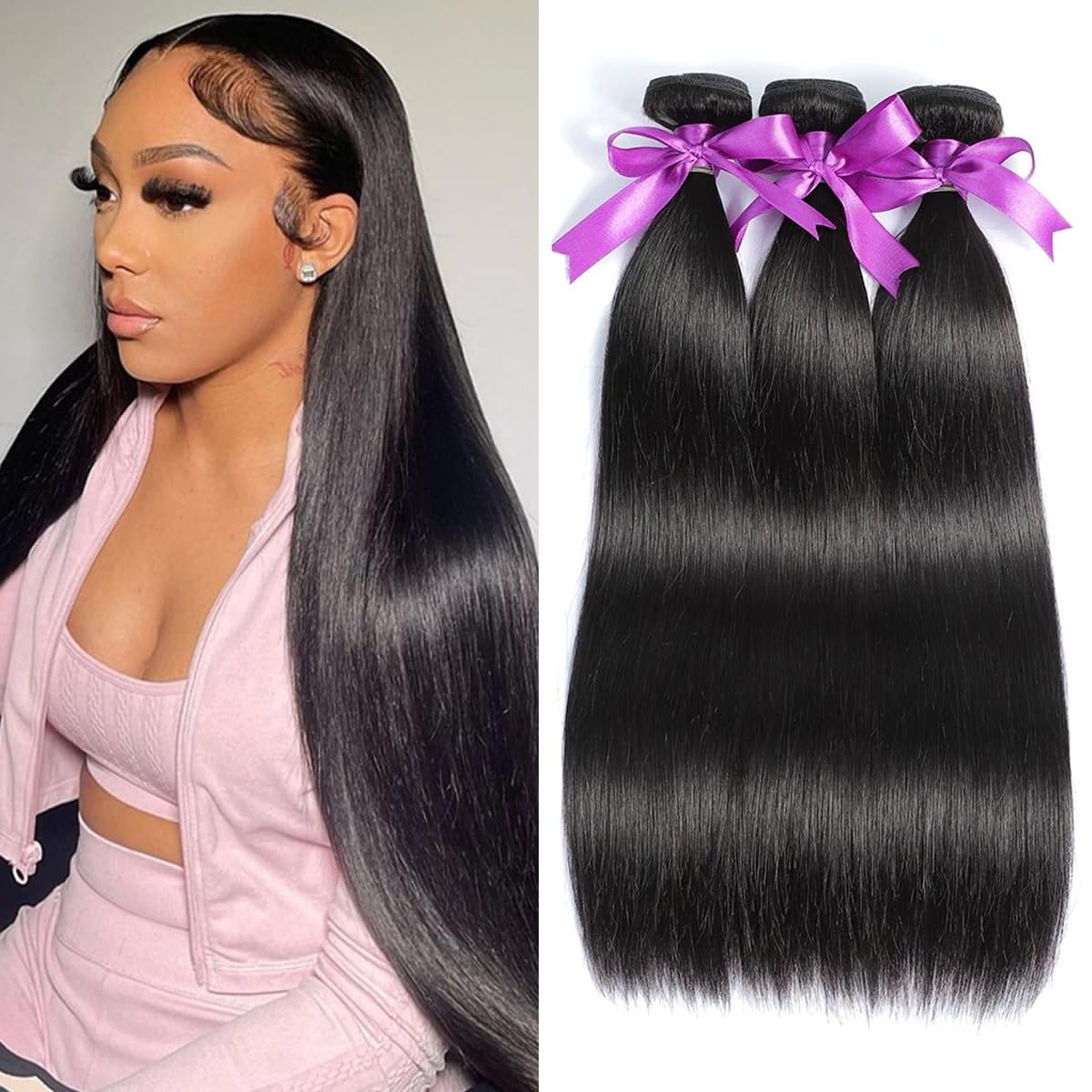 WOWQUEEN 10A Brazilian Straight Human Hair Bundles front view