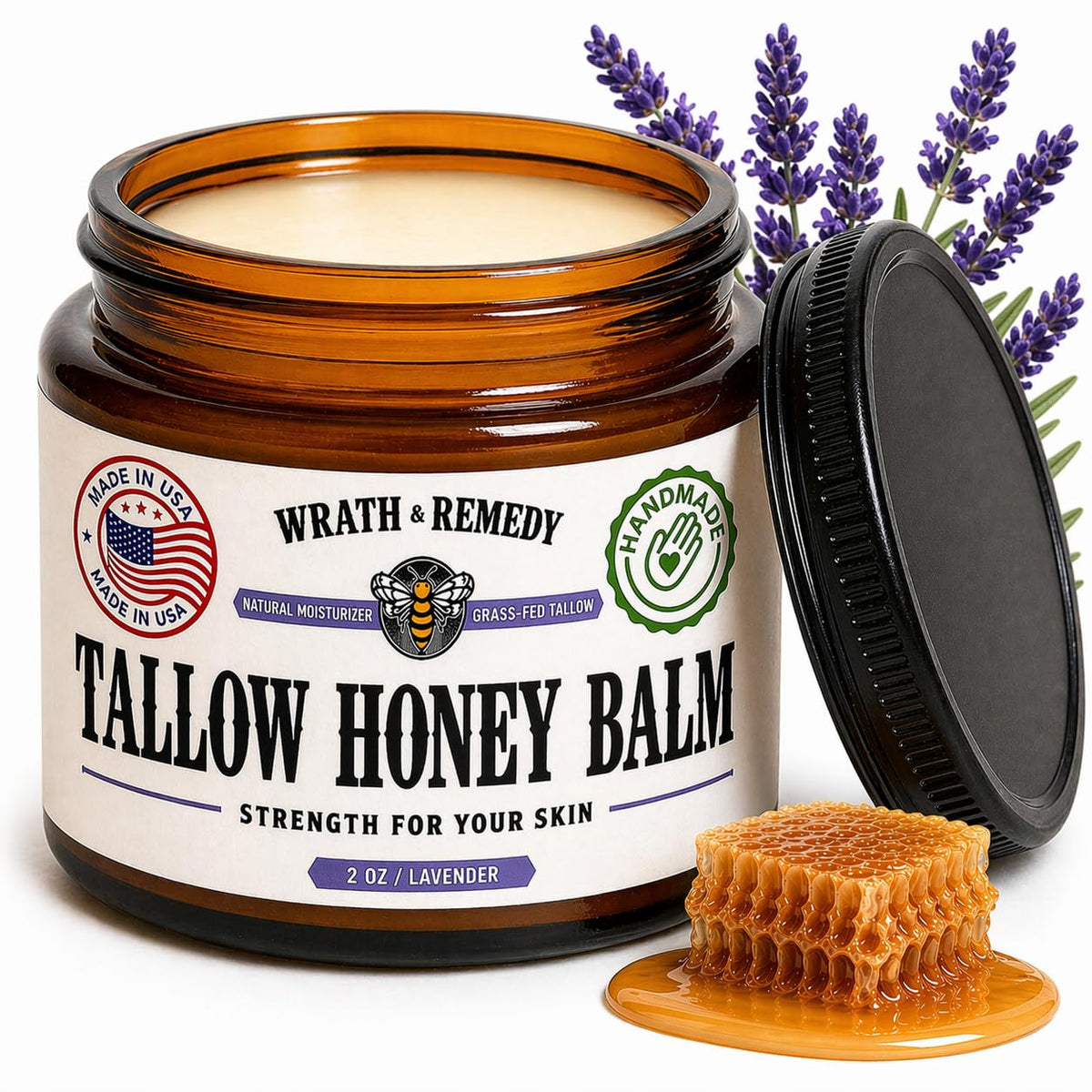Wrath & Remedy Organic Beef Tallow & Honey Balm front view, lavender scent