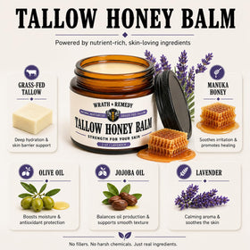 Wrath & Remedy Organic Beef Tallow & Honey Balm on a wooden surface