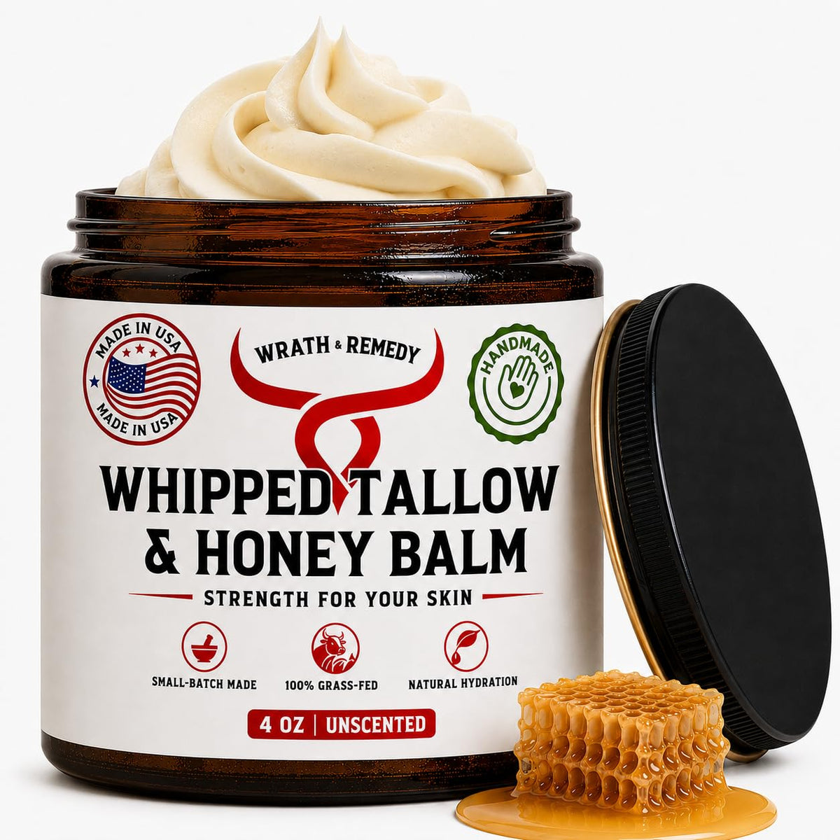 Wrath & Remedy Organic Beef Tallow Whipped Honey Balm front view in jar