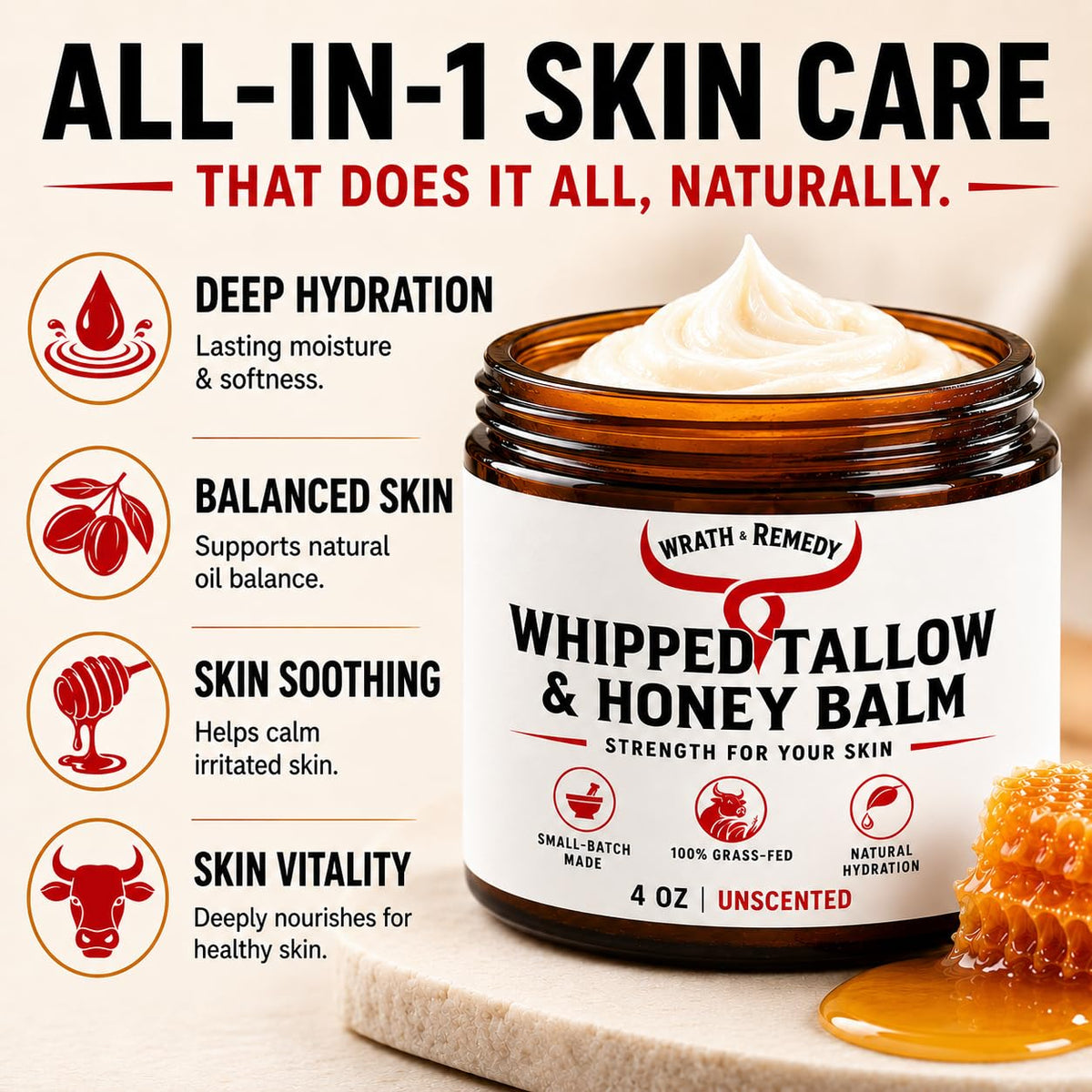Wrath & Remedy Organic Beef Tallow Whipped Honey Balm in natural setting