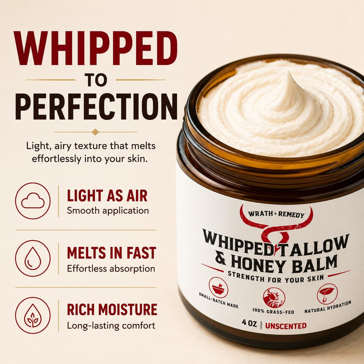 Wrath & Remedy Organic Beef Tallow Whipped Honey Balm ingredients list