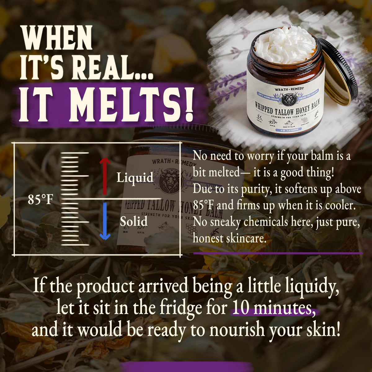 Wrath & Remedy Organic Beef Tallow Whipped Honey Balm with lavender flowers