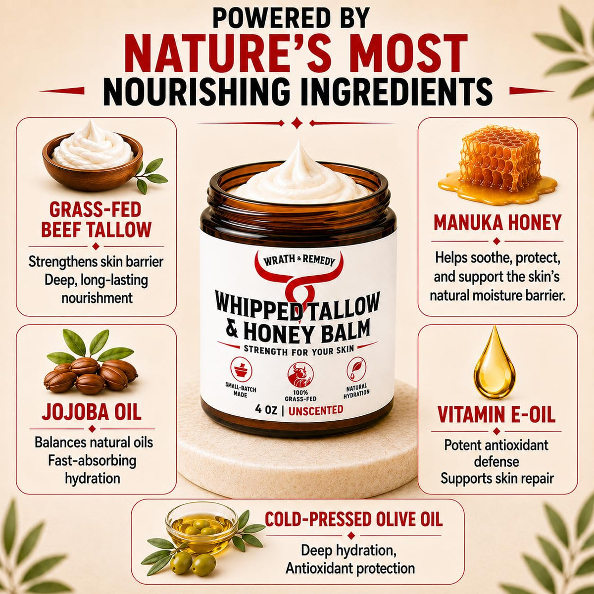 Wrath & Remedy Organic Beef Tallow Whipped Honey Balm with natural ingredients