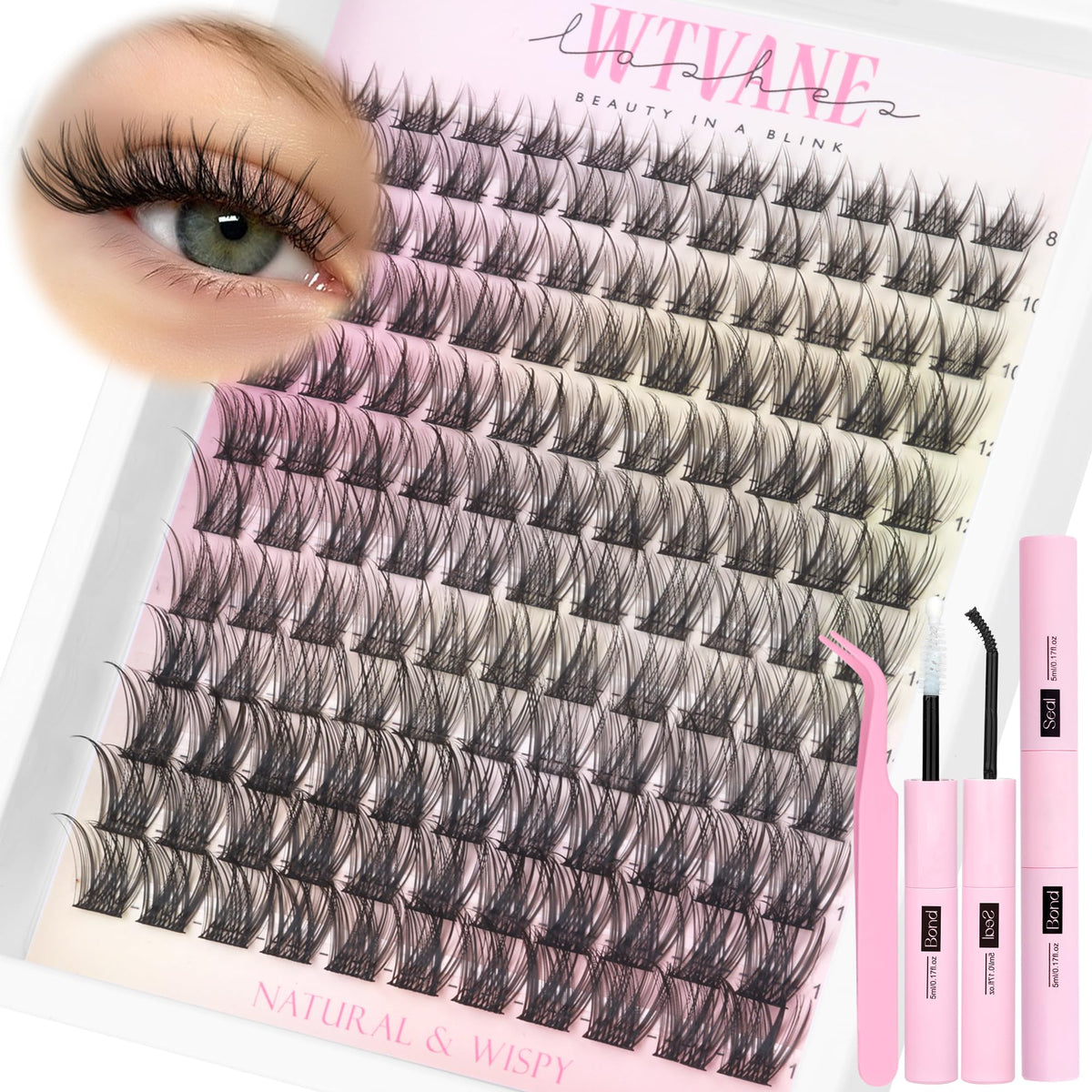 Wtvane Lash Clusters Kit packaging front view with lash clusters and tools