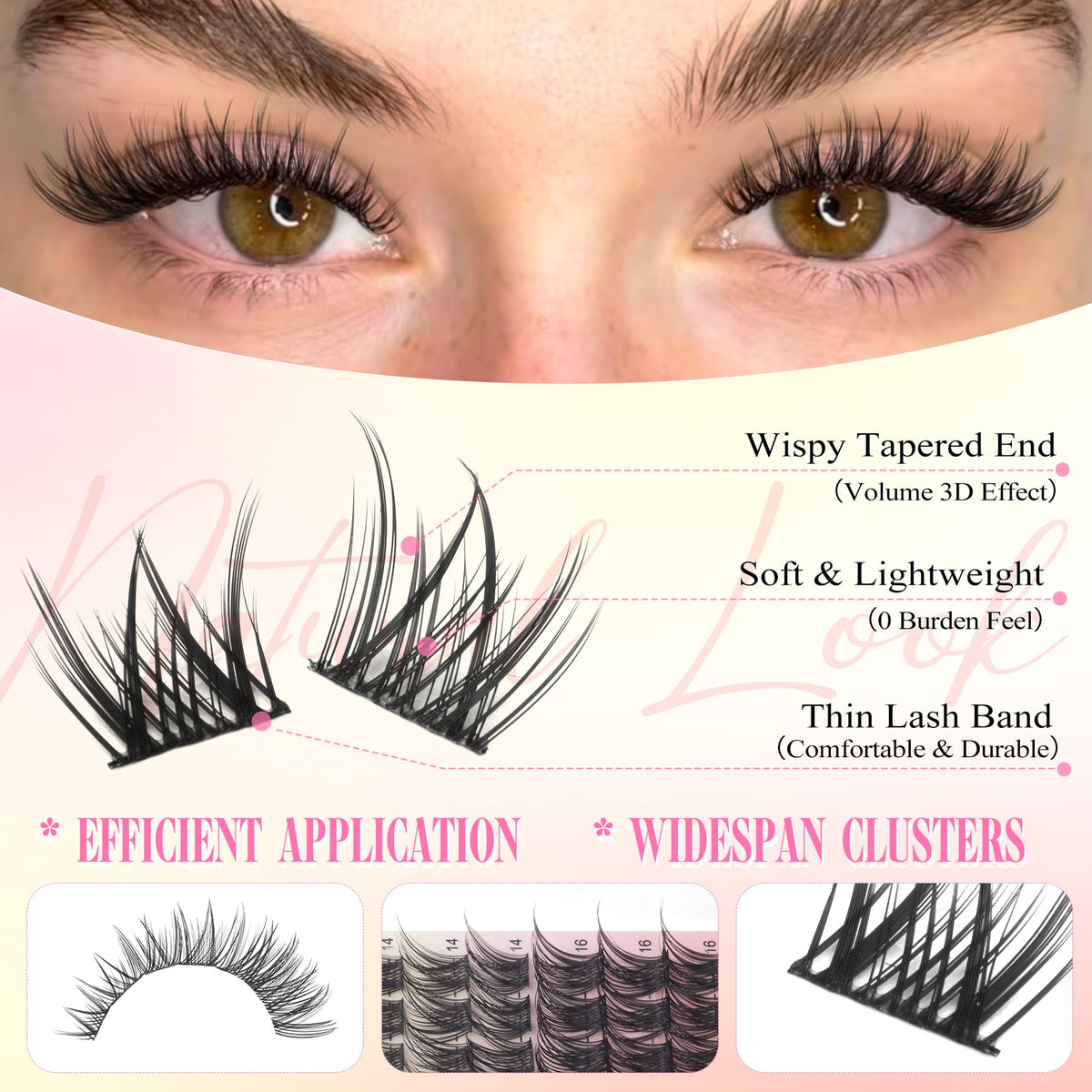 Wtvane Lash Clusters Kit with applied lashes on a model's eye
