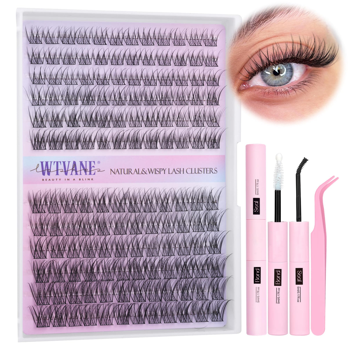 Wtvane Wispy Lash Clusters Kit 144pcs front view with lash clusters