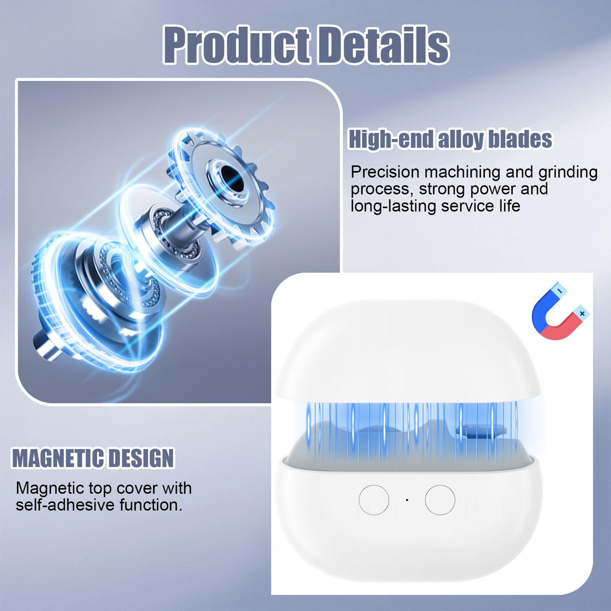Wudmew Electric Nail Clippers showing built-in storage for nail debris
