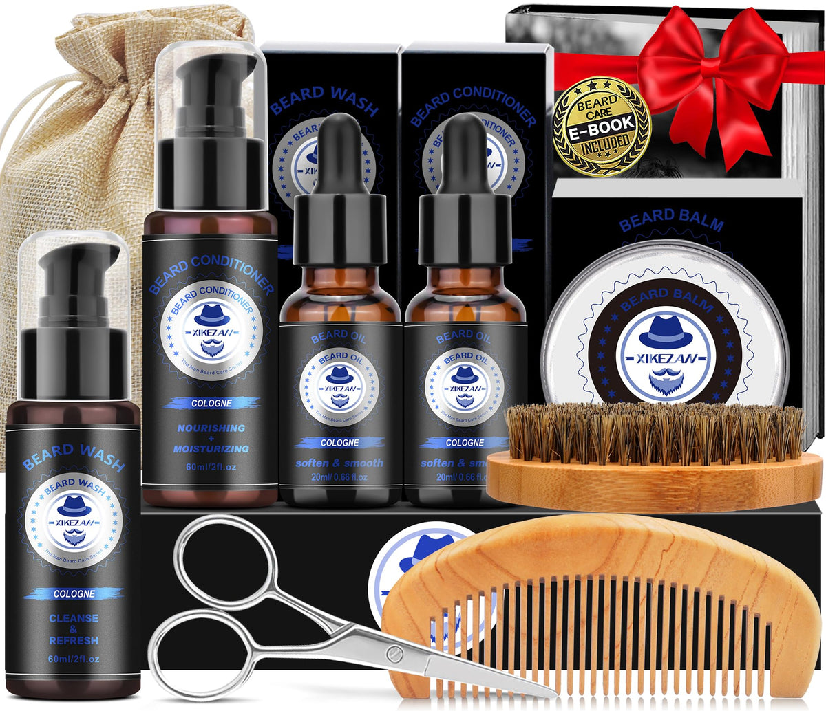 XIKEZAN Beard Kit contents including wash, conditioner, and tools