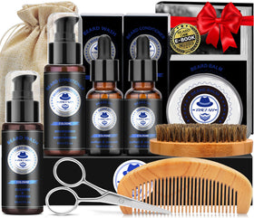 XIKEZAN Beard Kit contents including wash, conditioner, and tools