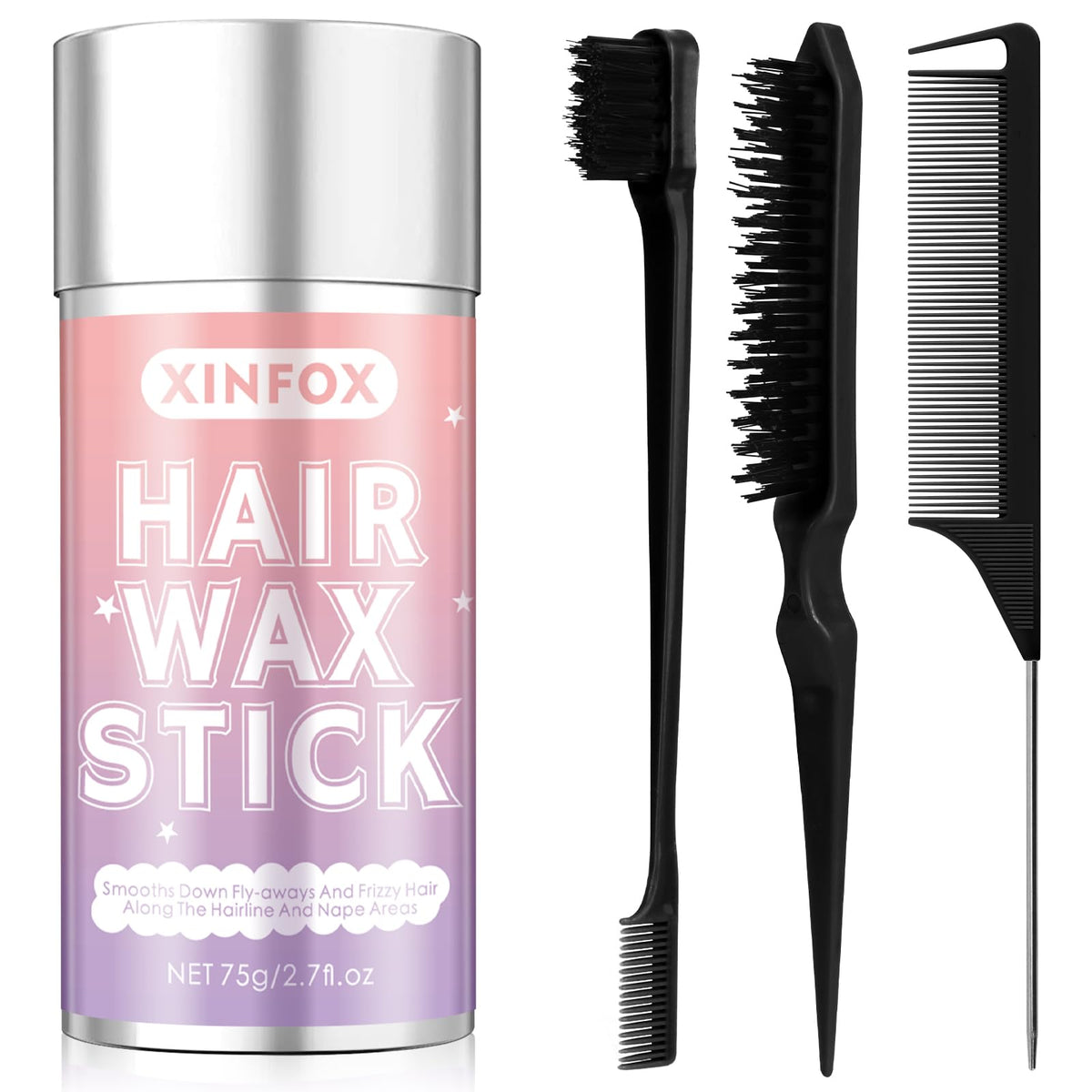 Xinfox Hair Wax Stick Set including edge brush and rat tail comb
