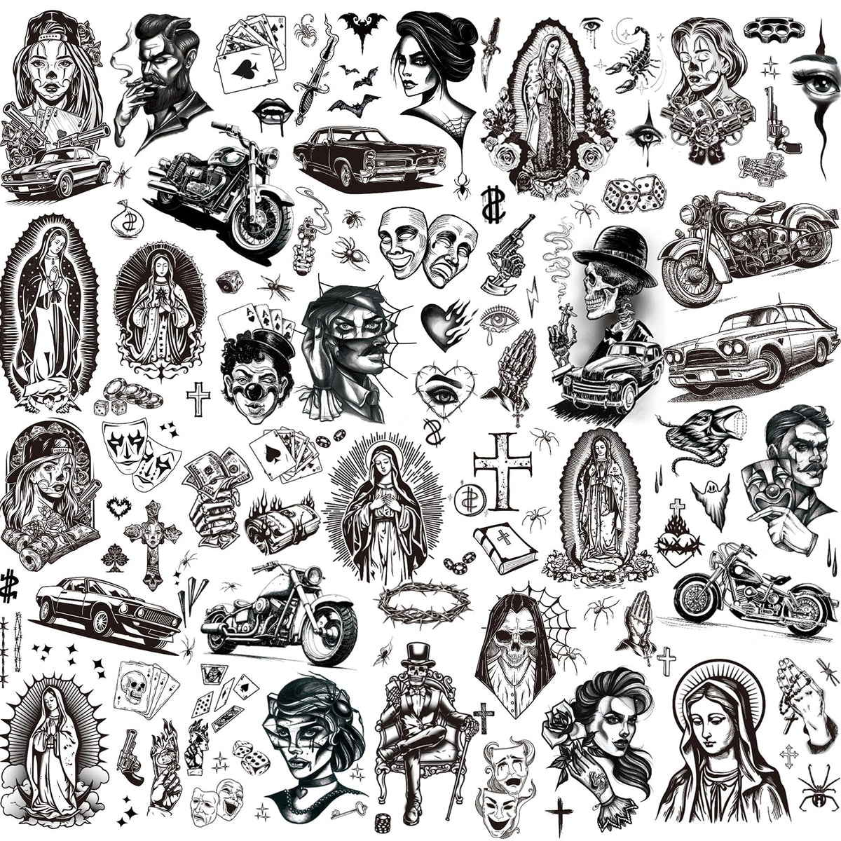 XIYOKA 12 Sheets Chicano Temporary Tattoos front view