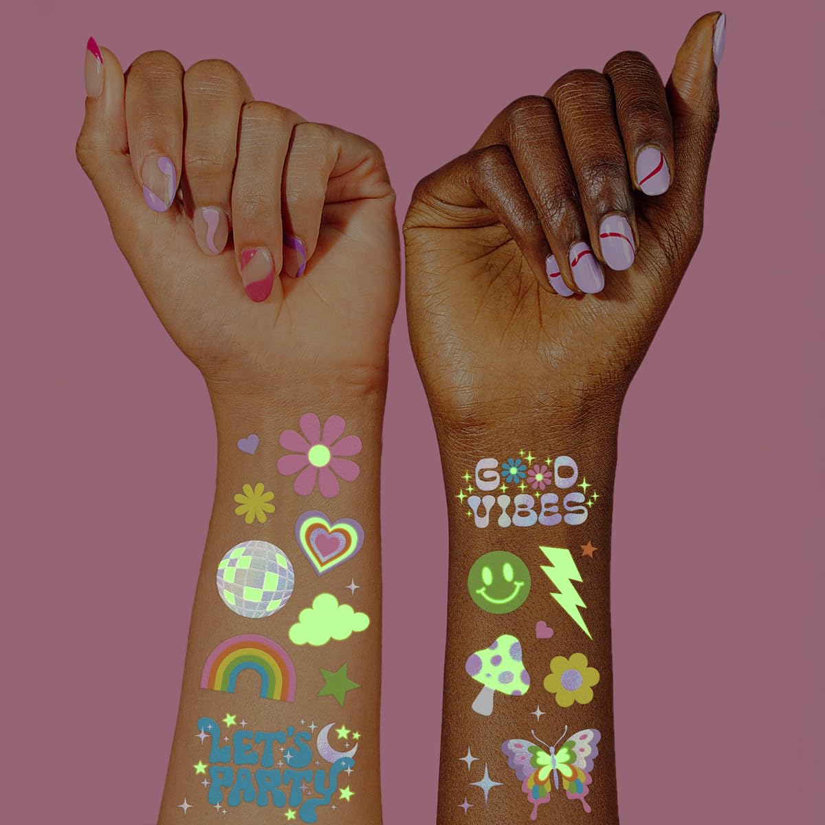 xo, Fetti Groovy Disco Glow in the Dark Temporary Tattoos front view