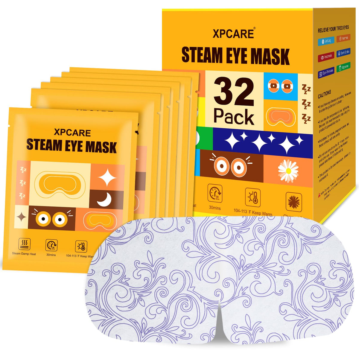 XPCARE Steam Eye Mask 32 pack front view with chamomile design