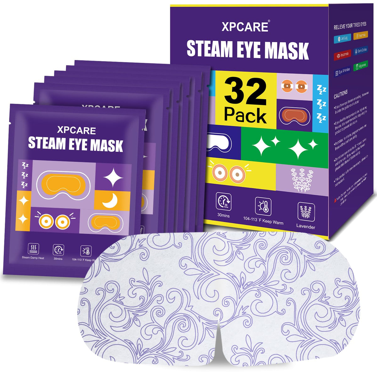 XPCARE Steam Eye Mask 32 Pack Lavender front view