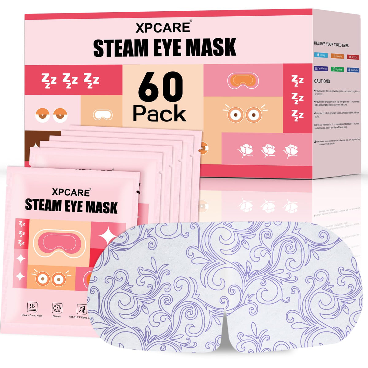 XPCARE Steam Eye Mask 60 Pack in rose packaging front view