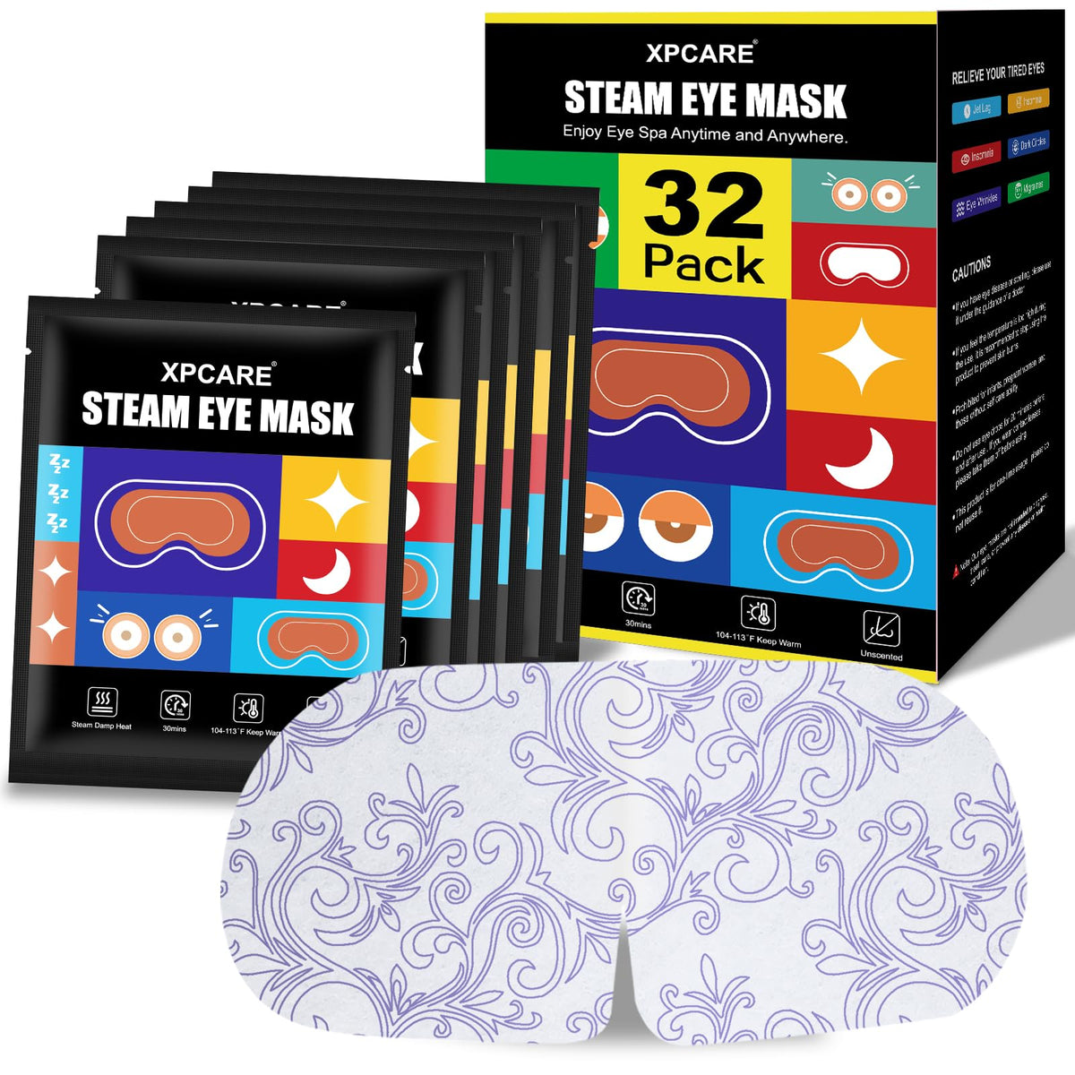 XPCARE Steam Eye Mask front view, 32 pack