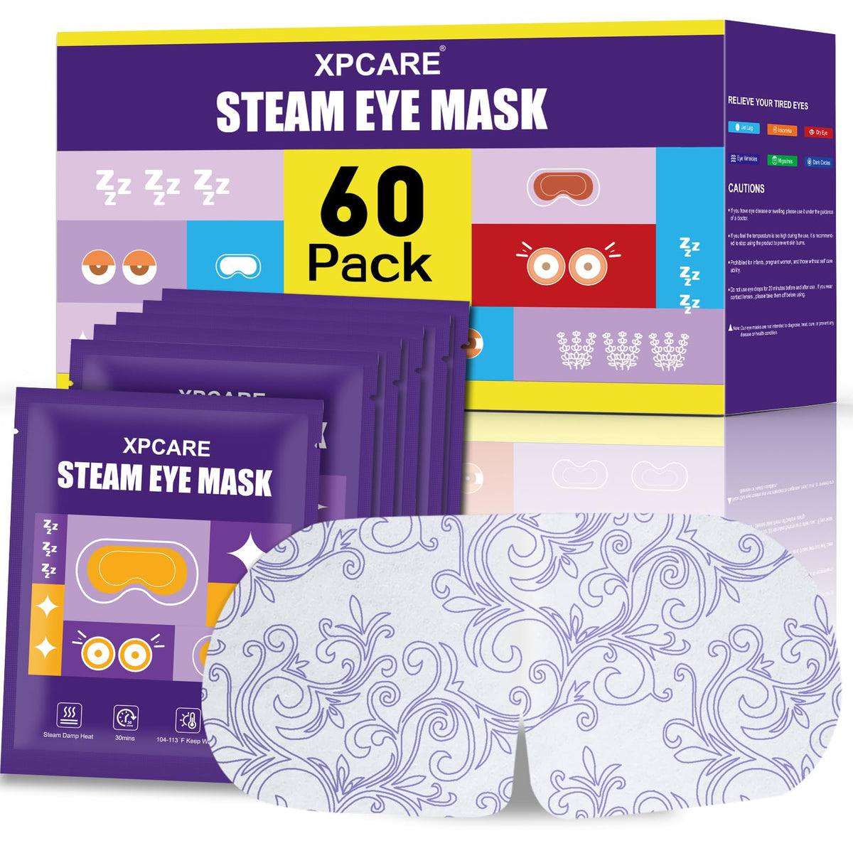 XPCARE Steam Eye Mask front view, lavender packaging