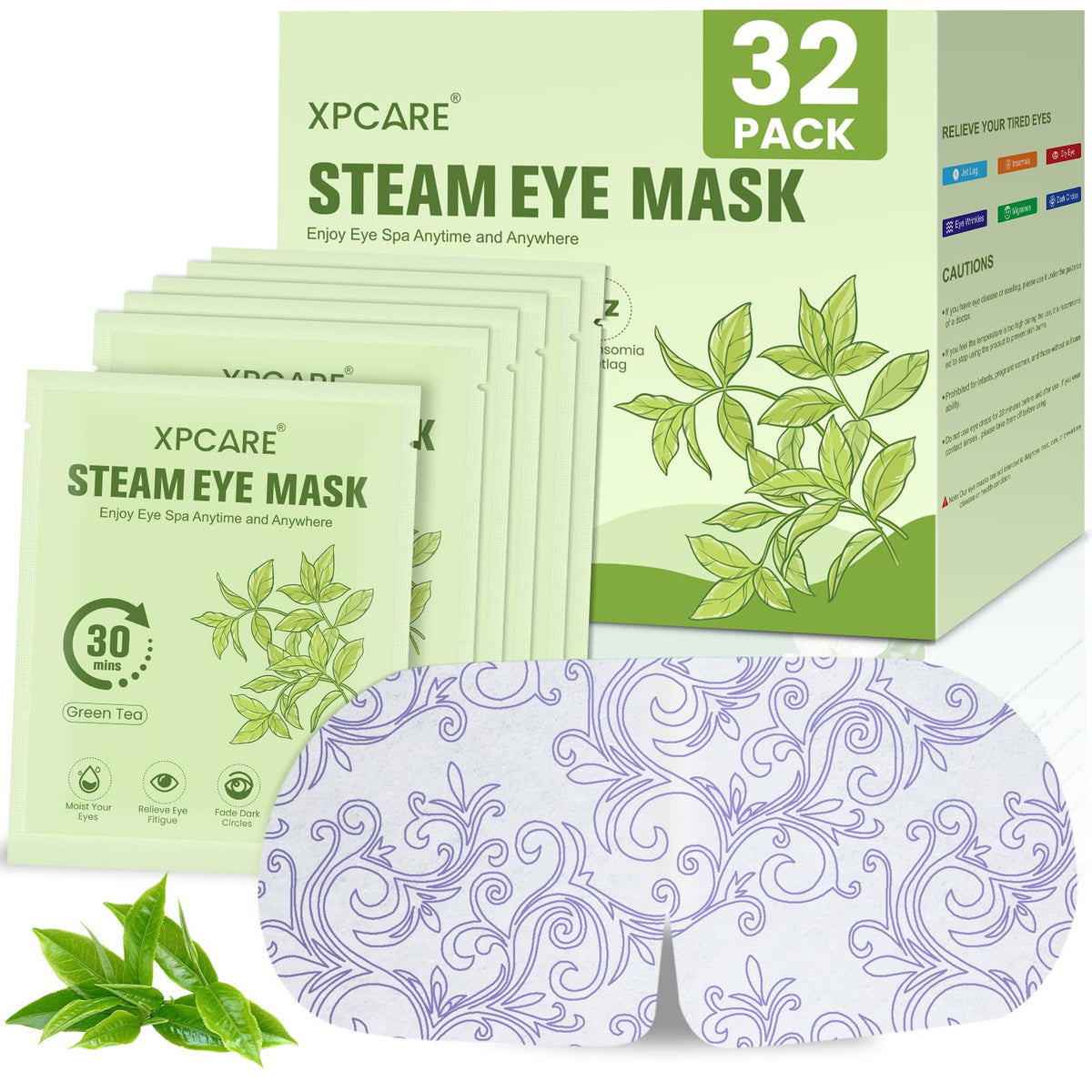 XPCARE Steam Eye Mask front view with green tea packaging