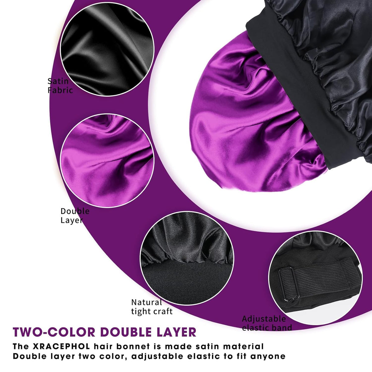 XRACEPHOL adjustable satin bonnet showing elastic strap detail