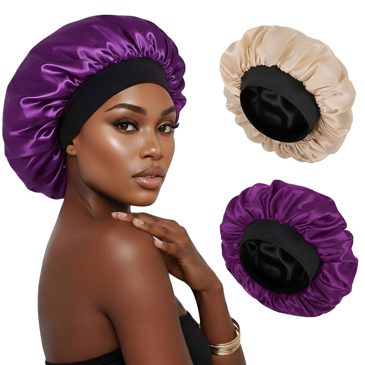 XRACEPHOL double layer satin bonnet in gold and purple front view