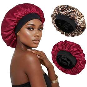 XRACEPHOL double layer satin bonnet in wine and leopard patterns front view