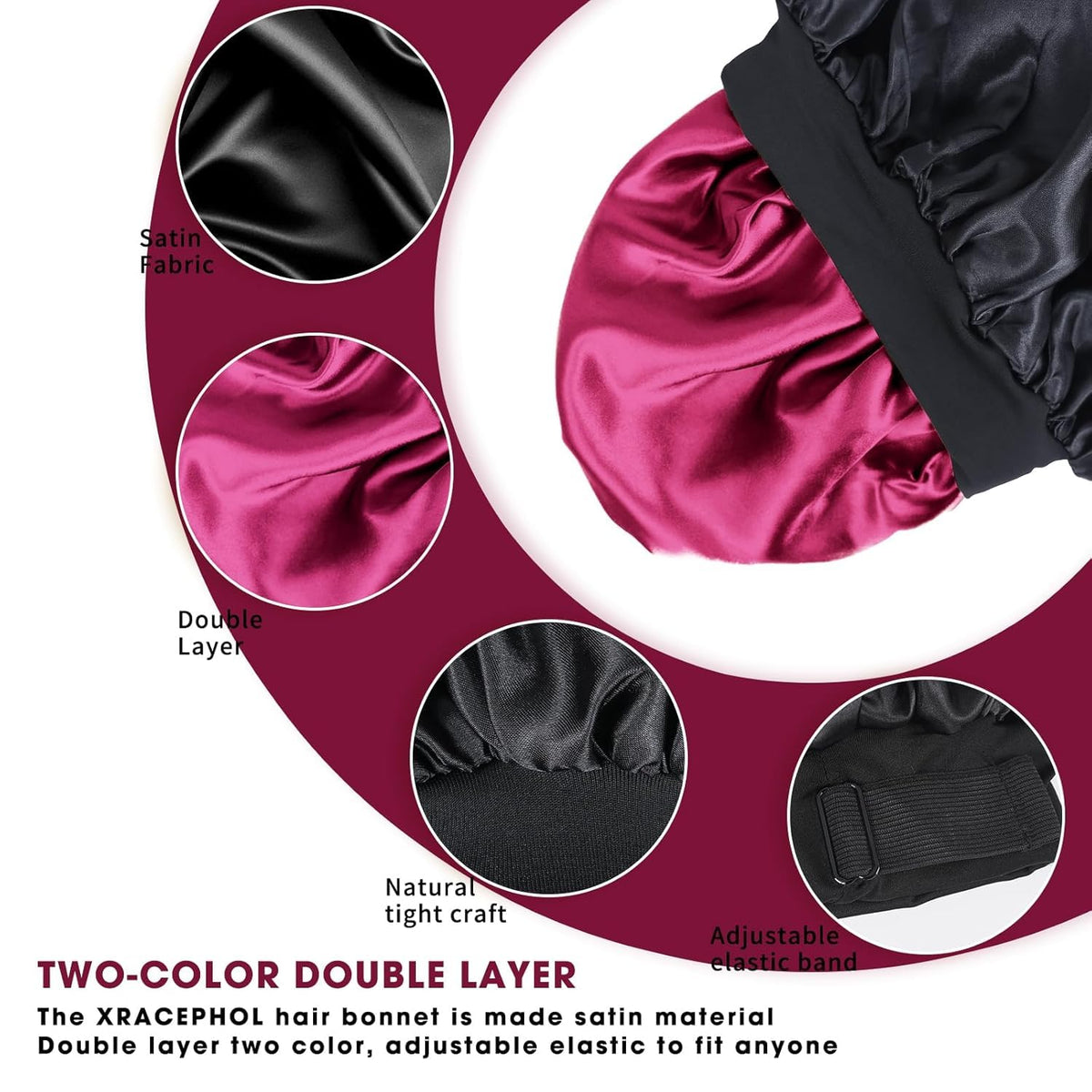XRACEPHOL satin bonnet showing adjustable drawstring and elastic band