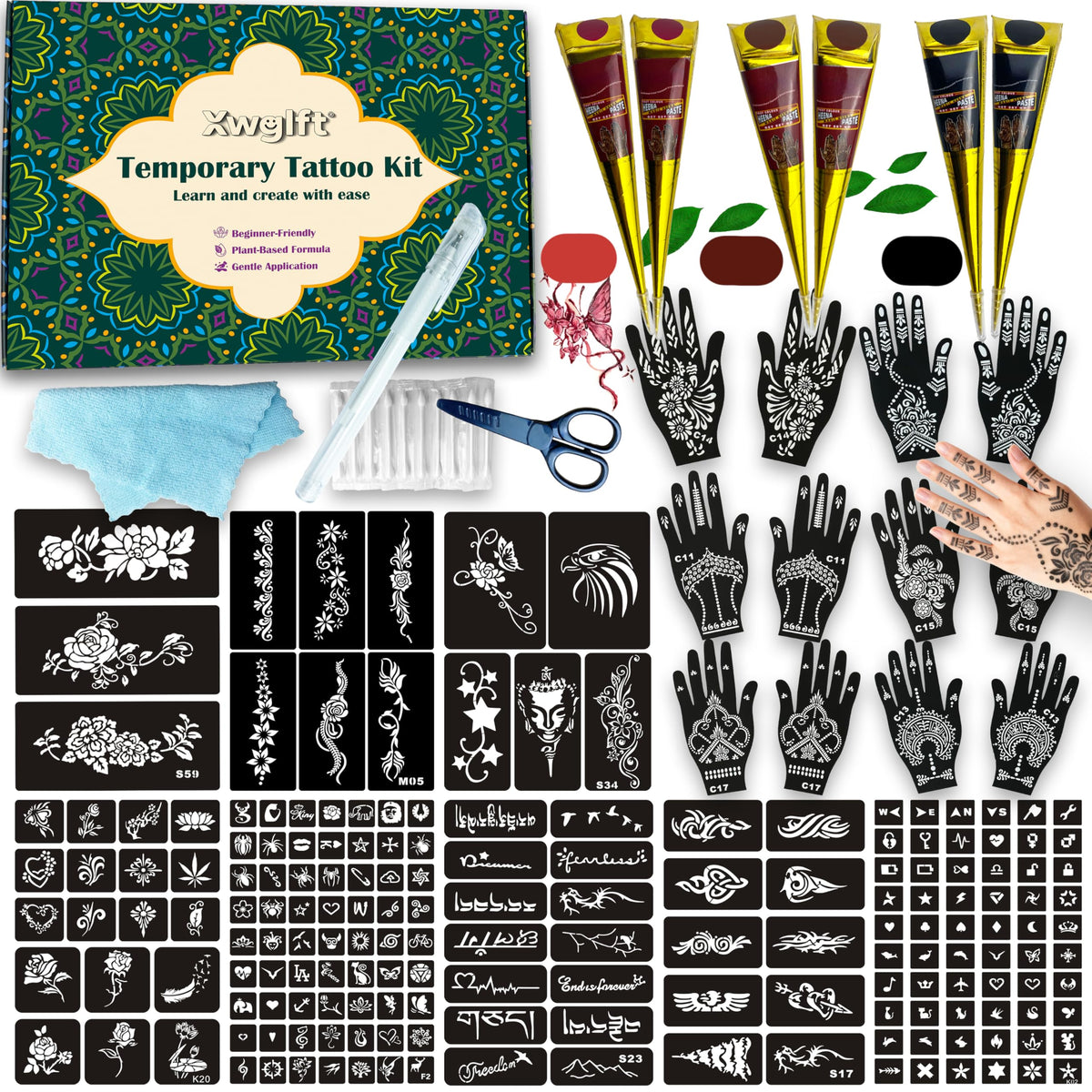 XWGLFT Temporary Tattoo Stencils Kit 191 Pcs organized gift box