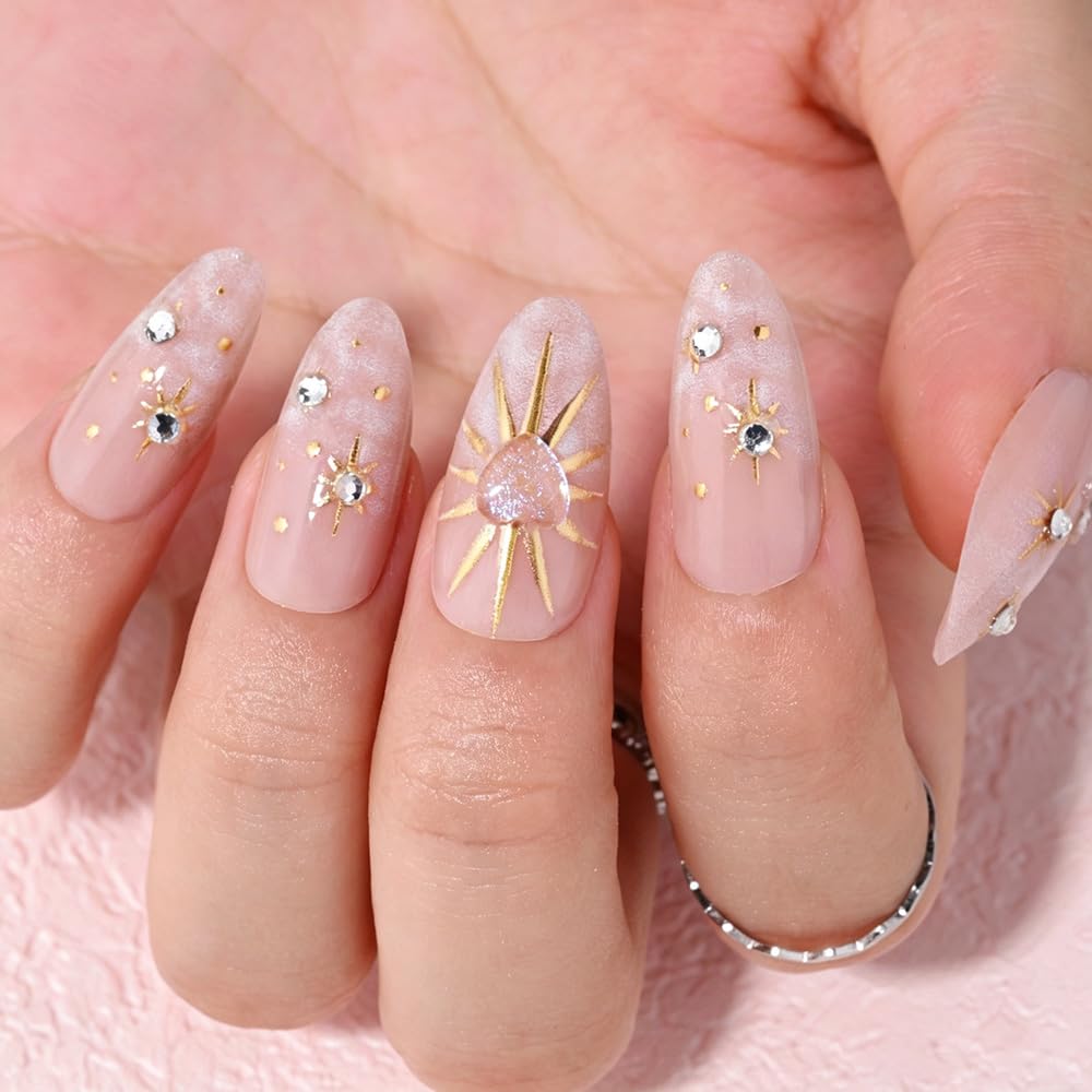 XZMeiLun 3D Boho Stars Gold Press On Nails Kit packaging display