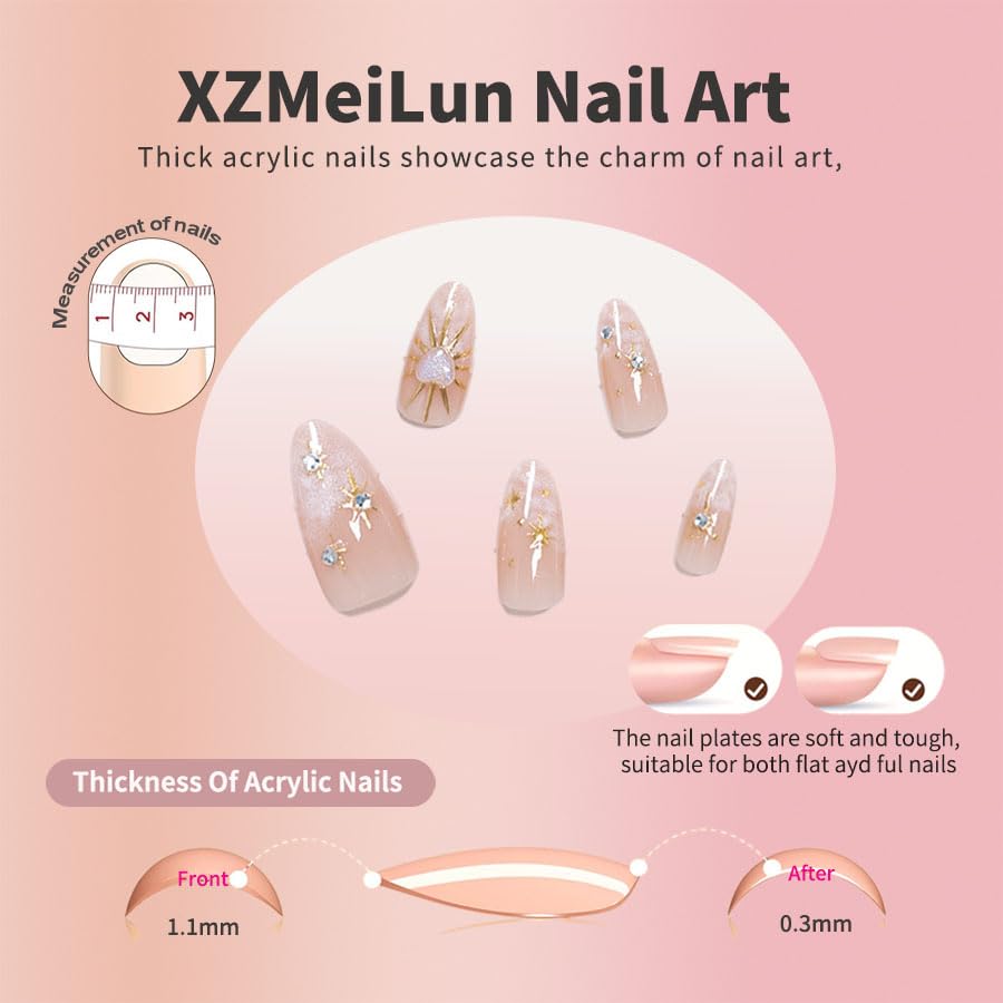 XZMeiLun 3D Boho Stars Gold Press On Nails Kit showing included jelly glue and mini nail file