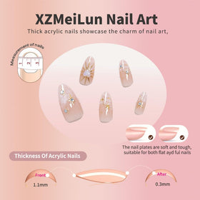 XZMeiLun 3D Boho Stars Gold Press On Nails Kit showing included jelly glue and mini nail file