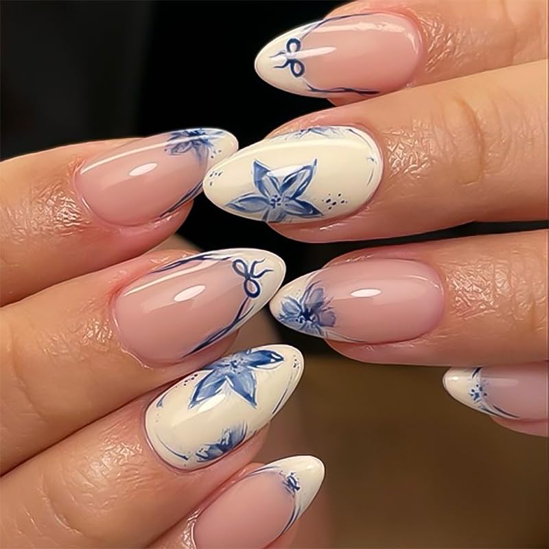 XZMeiLun Blue French Tips Press On Nails medium almond front view