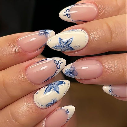 XZMeiLun Blue French Tips Press On Nails medium almond front view