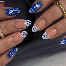 XZMeiLun Blue French Tips Press On Nails Short Almond Kit front view