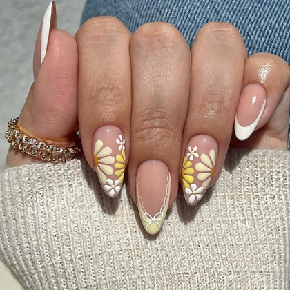 XZMeiLun Floral Press On Nails Kit with yellow flower designs