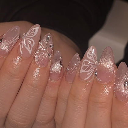 XZMeiLun Pearl Charms Cat Eye Press On Nails 3D Gold Line front view