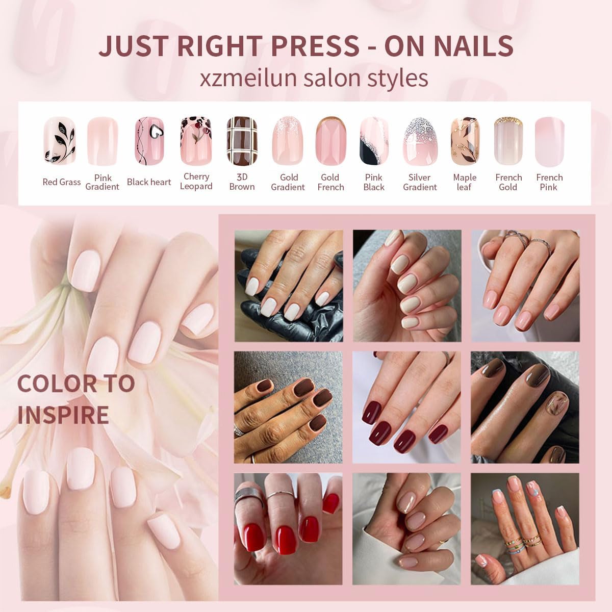 XZMeiLun press on nails in various styles on a display